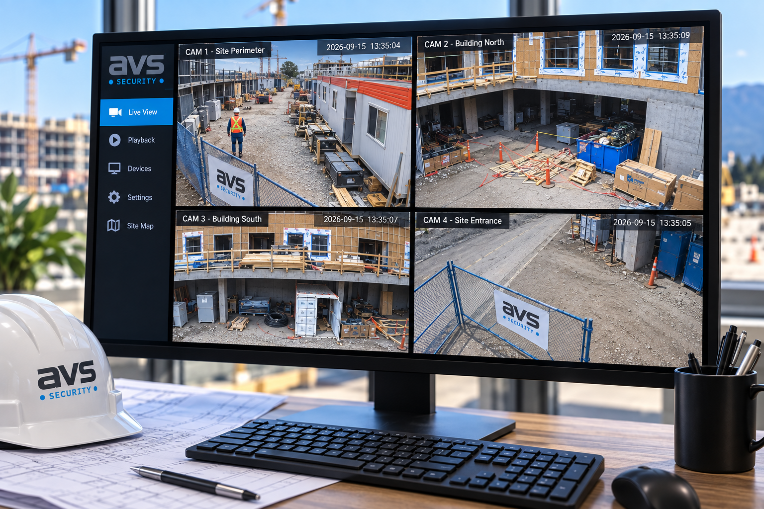 Camera monitoring a construction site perimeter