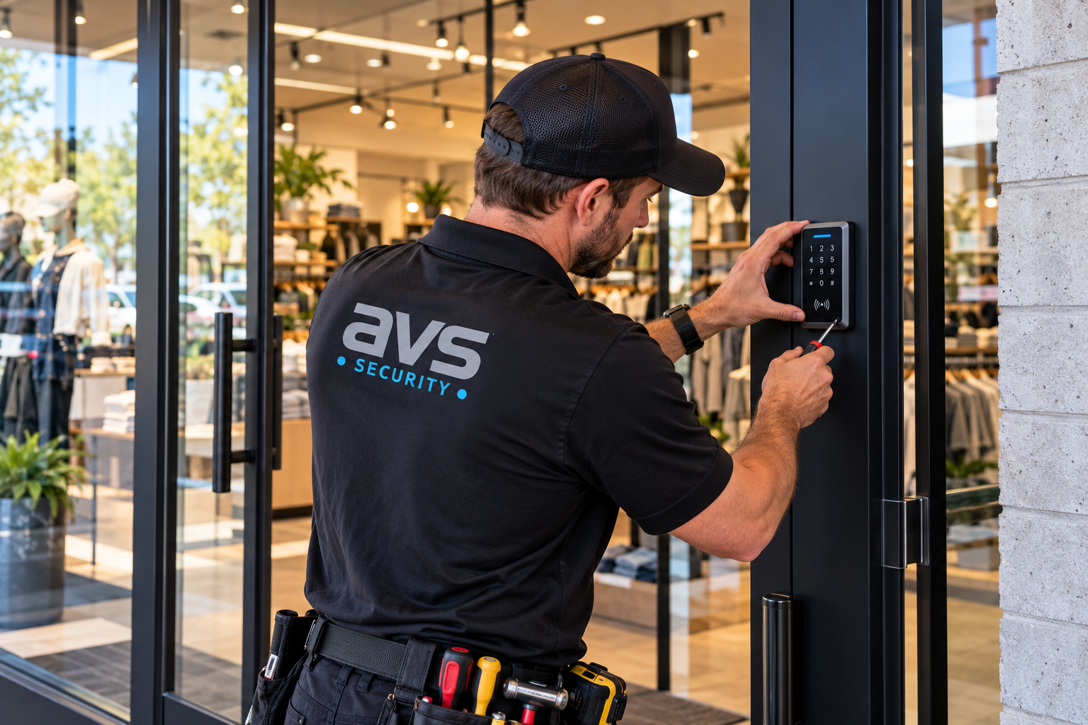 Delivery courier using an access control keypad at a business entrance